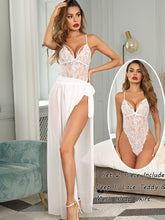 56-White 2-Piece Black Lingerie Set – Deep V Lace Teddy & Mesh Wrap Skirt